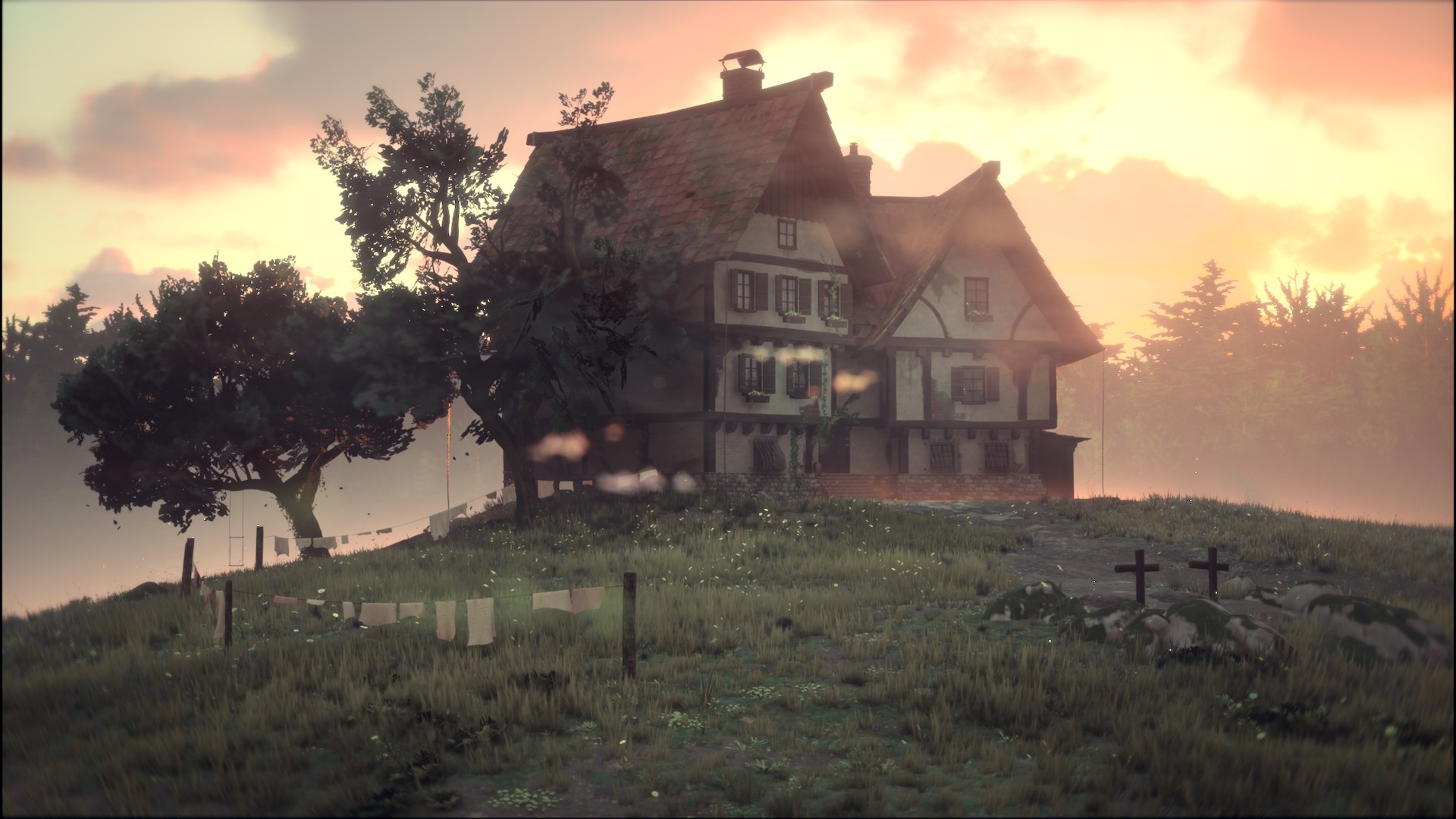 Golden hour view of the path and house with warm lighting
